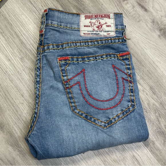 True Religion Light Wash 3 tone Rope Stitch Straight Jeans sz 34 - Picture 9 of 9